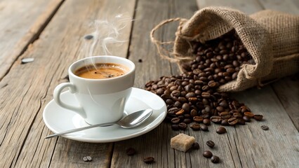 Espresso with Coffee Beans: A steaming cup of espresso sits on a rustic wooden table next to a burlap sack overflowing with roasted coffee beans, creating a rich and aromatic scene.