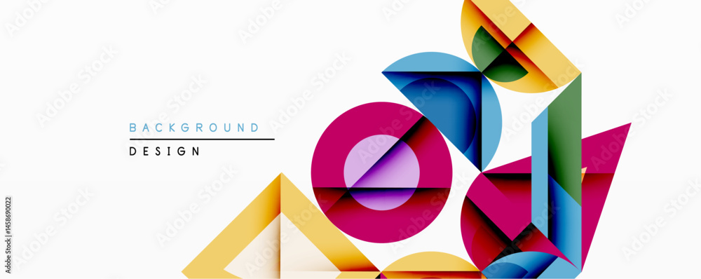 Poster Abstract geometric shapes overlap, creating vibrant colorful composition. Modern design utilizes gradients, circles, triangles, rectangles for dynamic visual effect.