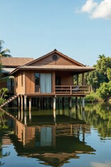 Obraz premium Elevated Wooden Stilt Home Architecture in Southeast Asia Reflecting on Calm Water Surface Exterior View