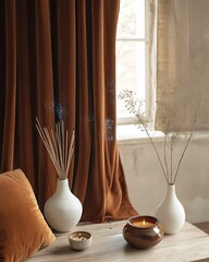 Terracotta Velvet Drapes in Earthy Zen Loft, feng shui arrangement, ceramic incense holders, muted elegance, stillness in design Earthy Zen Interior Textural Harmony Design