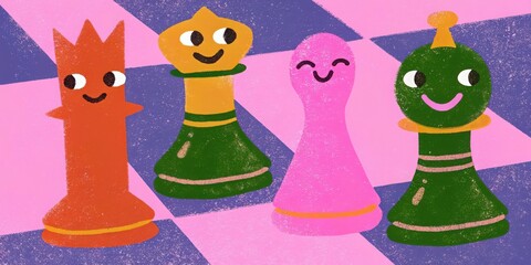 Obraz premium Cute cartoon chess pieces on checkered board illustration for kids learning game