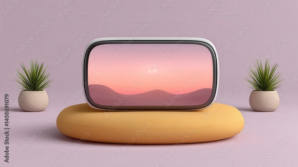 Poster modern design showcasing a sleek monitor displaying a serene sunset landscape against a pastel backd