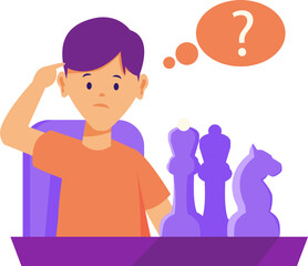 Illustration of Boy Thinking About Chess Strategy