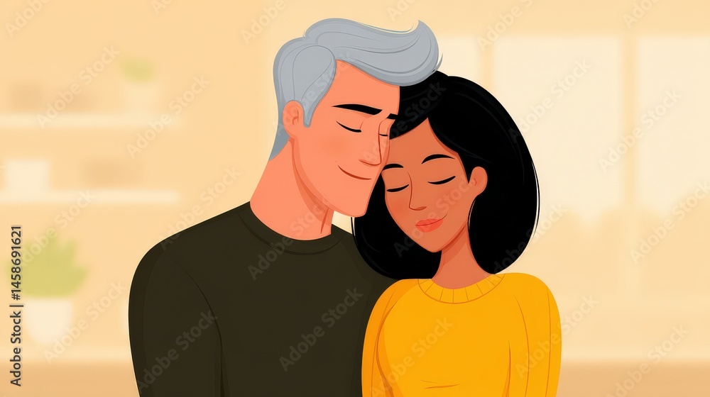 Poster couple sharing a tender moment together in a cozy setting expressing love and warmth with gentle smi