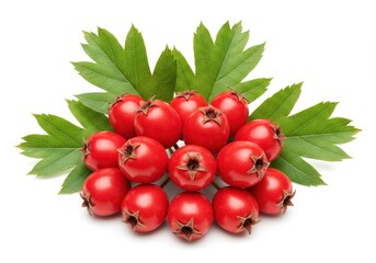 Fresh Red Hawthorn Berries with Green Leaves Natural Healthy Food Plant Fruit White Image Nature