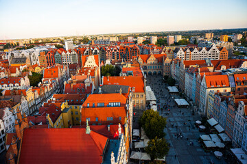 Aerial view of Gdansk at sunset, showcasing the downtown area and St. Mary's Basilica. The historical old city of Gdansk Poland.