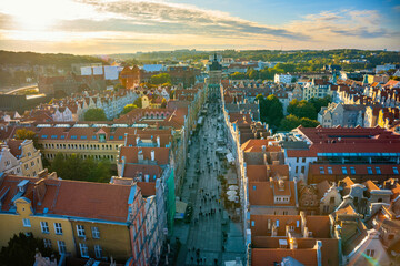 Aerial view of Gdansk at sunset, showcasing the downtown area and St. Mary's Basilica. The historical old city of Gdansk Poland.