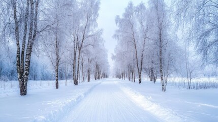 Obraz premium Snowy path through frost covered birch trees winter landscape
