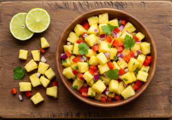 A beautifully arranged bowl of fresh pineapple salsa with vibrant ingredients and flavors.