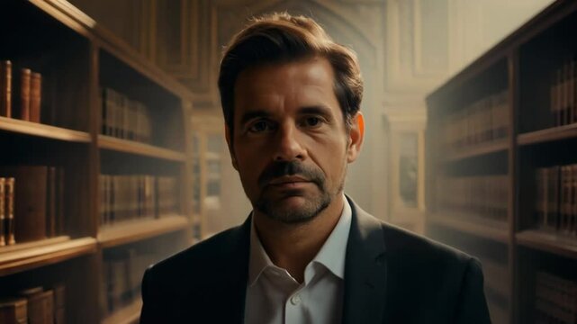 Man in formal suit standing in classical library interior with bookshelves and decorative wooden panels, in academic environment. Knowledge and education concept. Horizontal video