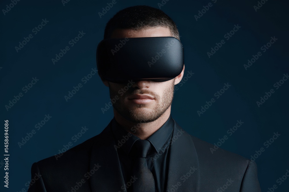 Poster a confident man wearing a sleek virtual reality headset in a dark setting showcasing modern technolo