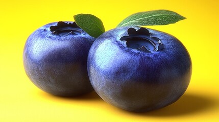 Obraz premium Two fresh, ripe blueberries with smooth skin and deep blue tones on a vibrant yellow background.