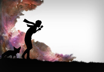Young boy holding flower and walking forward in the windy weather. Silhouette art