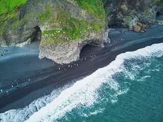 Aerial scenic view of Reynisfjara black sand beach near Vik in Southern Iceland.