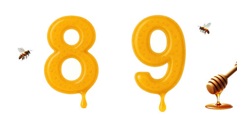 Honey themed numbers 8 and 9 with dripping effect and bees : Numbers 8 and 9 made from golden honey with dripping texture, bees flying nearby, and a honey dipper on the side