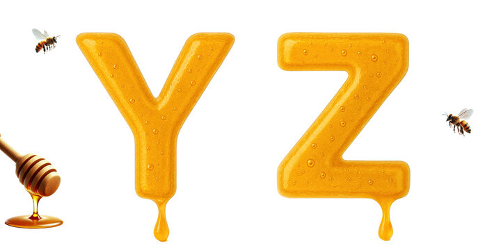 Honey themed letters Y and Z with dripping effect and bees : Letters Y and Z created with golden honey texture and dripping detail, surrounded by bees and honey dipper