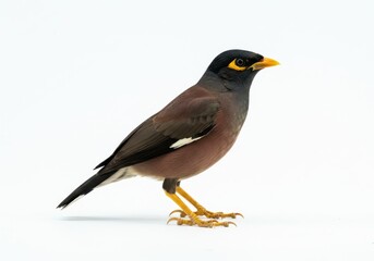 Beautiful Common Myna Bird Isolated White Background Detailed Photo Beak Feet Avian Brown Black