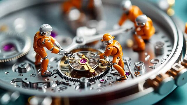 Miniature workers repairing intricate watch mechanism with precision tools.