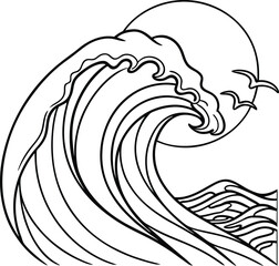 Vector Illustration Of A Wave With Birds And Sun In Black And White