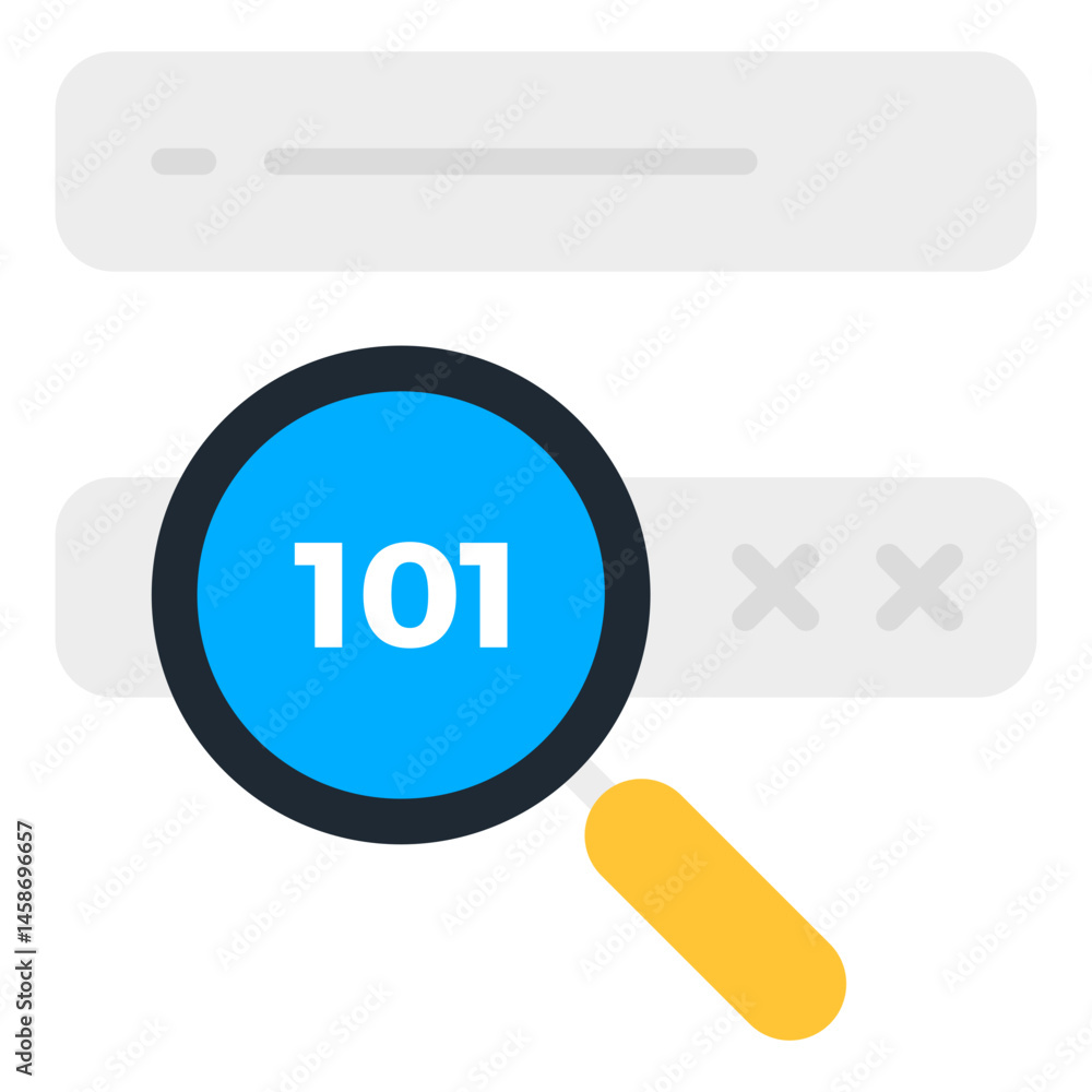 Poster magnifying glass focusing on three-digit code 101 data search concept illustration