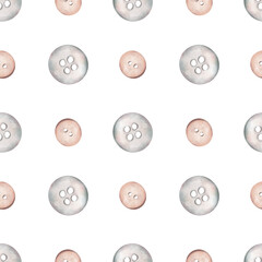 Sewing buttons seamless pattern. Gray and wooden buttons, sewing accessories in watercolor style. Hand painted illustration for fabric, textile design, and crafting projects.