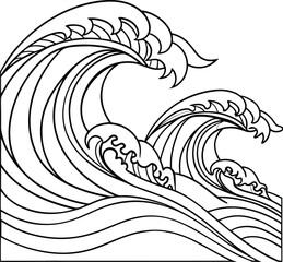 Black And White Outline Illustration Of Stylized Ocean Waves Sea Design