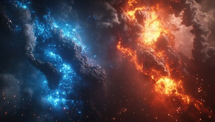 Naklejka premium Clash of opposing forces, fire and ice collide in a dramatic celestial storm