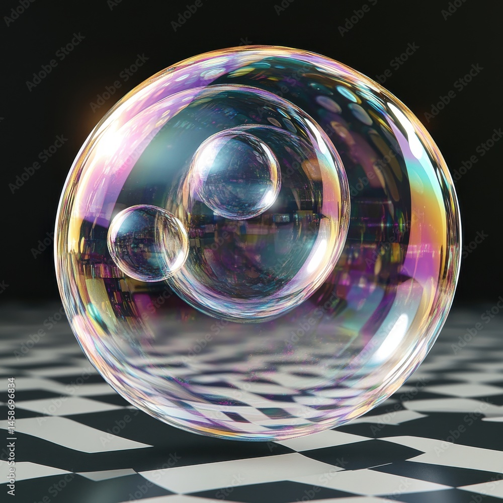 Poster iridescent soap bubble with inner reflections on checkered surface