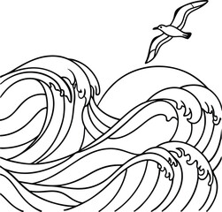 Black And White Drawing Of Waves And A Seagull Flying Above Them