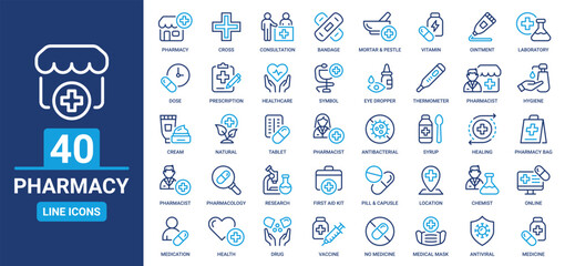 Pharmacy outline icon set. Containing medicine, pill, prescription, medication, pharmacist, dosage, capsule and more. Line icons vector collection.