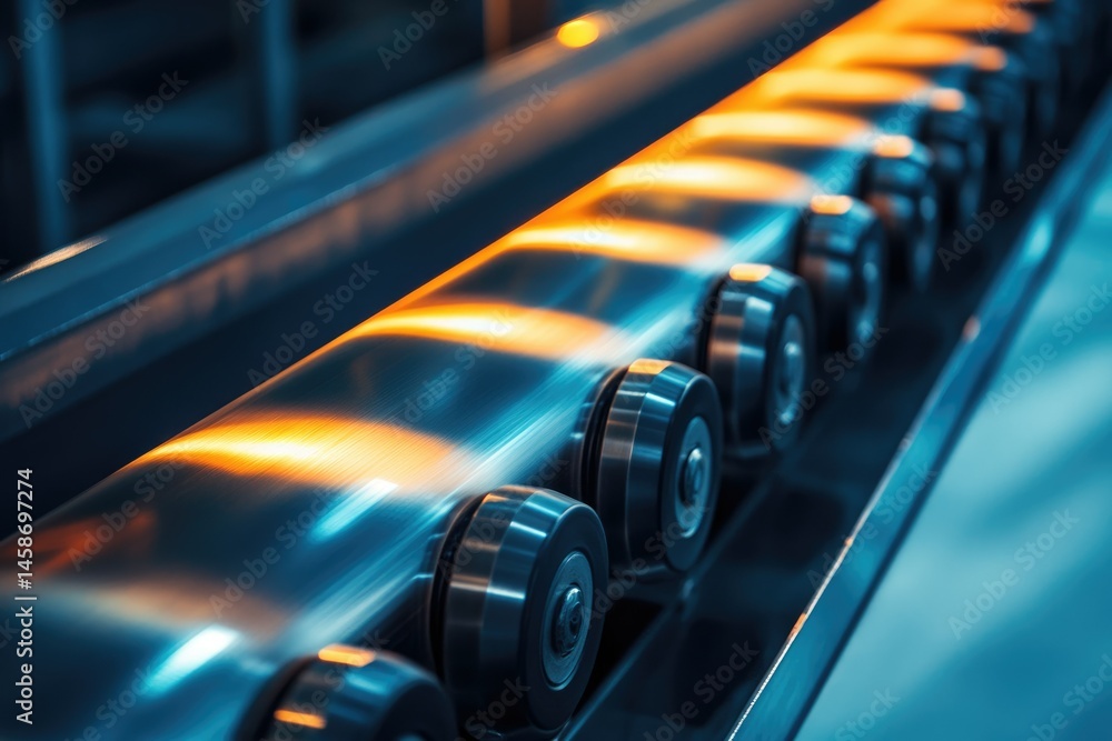 Poster close-up of a high-tech industrial conveyor belt system with rollers and illuminated surface.