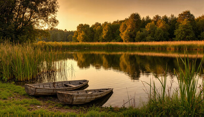 Obraz premium Peaceful sunset over calm water with wooden boats and lush greenery 