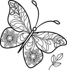 Butterfly With Floral Ornament In Doodle Style For Coloring Book Pages