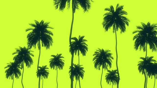 Looping background animation of silhouetted palm trees with a smooth parallax tracking shot against a vibrant green background