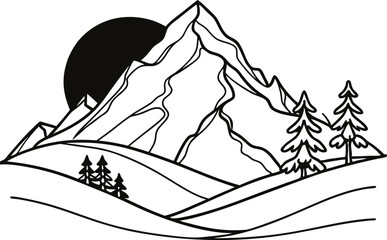 Mountain Landscape With Trees And Sunset Vector Line Art Illustration