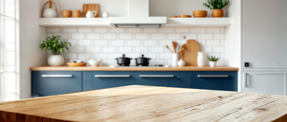 Fototapeta premium Modern home kitchen with wooden surface in front