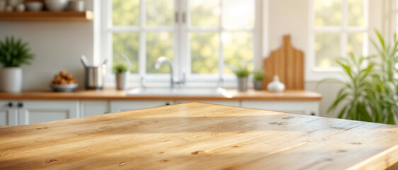 Tabletop mockup scene with sunny kitchen setting.