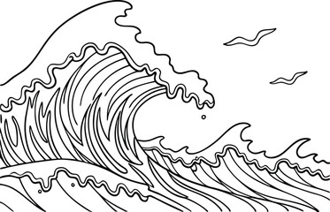 Ocean Waves Line Art Illustration With Birds For Coloring Or Design