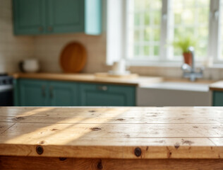 Wooden countertop in bright modern kitchen interior
