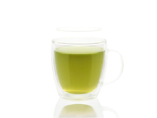 Hot Green Tea in a Glass Mug A clear glass mug filled with hot green tea, the light golden color