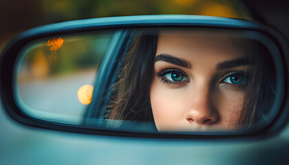 Woman Gazing in the Rearview Mirror While Driving