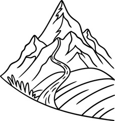Mountain Landscape Vector Illustration With Road And Field In Black And White
