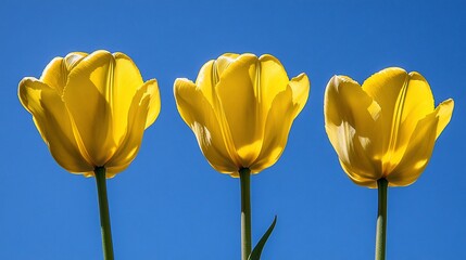 Fototapeta premium Three vibrant yellow tulips against a clear blue sky