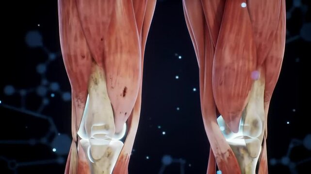 Leg muscle diagram highlighting the thigh muscles in a dual side anatomical comparison