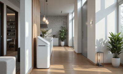 A smart trash can with motion sensors that automatically open and close the lid. The can includes a built-in compactor to minimize waste
