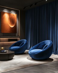 Midnight Blue Suede Curtain in Tech-Integrated Sanctuary with matte charcoal finishes and kinetic furniture Sensory Tech Minimalism with Velvet Textures Ambient Intelligence Interior with Luxe Fabrics