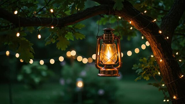 Lantern Hanging from Tree Branch at Night - A lit kerosene lantern hangs from a tree branch at night