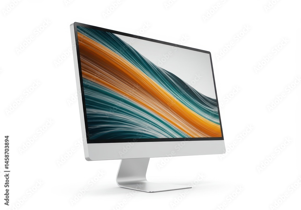 Poster modern silver desktop computer with abstract teal orange waves background design image screen trendy