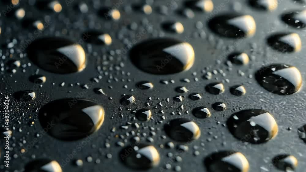 Poster macro close-up of droplets on smooth surface highlights reflection and texture.