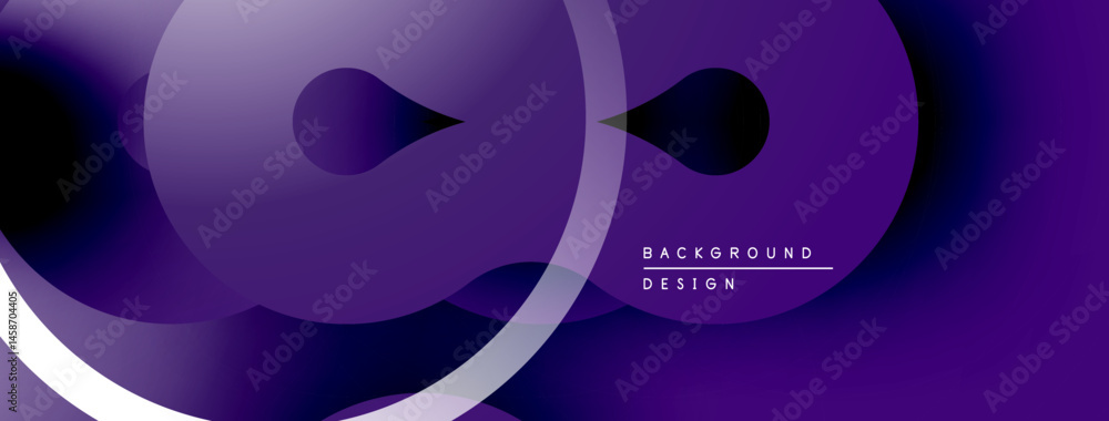 Poster abstract purple design features overlapping circles, gradients, smooth shapes. minimalist aesthetic,